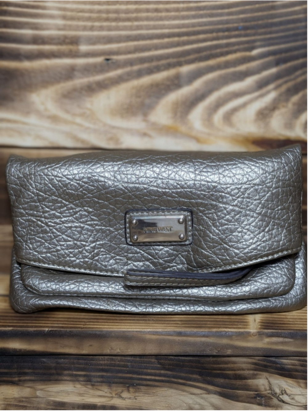 Nine West Wristlet Clutch Womens Small Silver Faux Leather Evening Bag